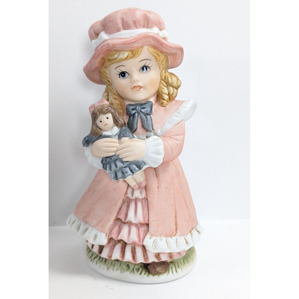 Vintage Homco 1419 Figurine Little Girl with Baby Doll Pink Dress Porcelain 6in